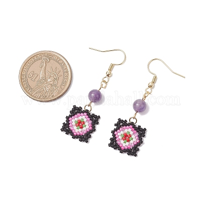 Серьги-подвески ручной работы из стеклянных бусин с узором «окно-решетка» EJEW-MZ00560-1