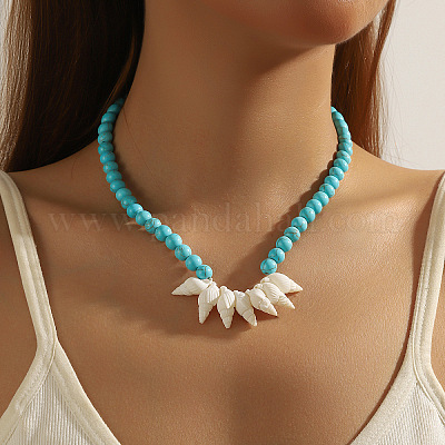 Круглые ожерелья из синтетической бирюзы и натуральных ракушек в стиле бохо с цепочками на концах из сплава FS-WG16541-05-1