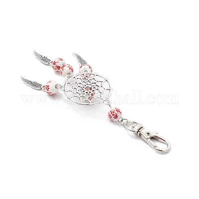 Фарфор с цветочным принтом и плетеная сетка из сплава с подвесными украшениями в виде перьев HJEW-JM04142-1