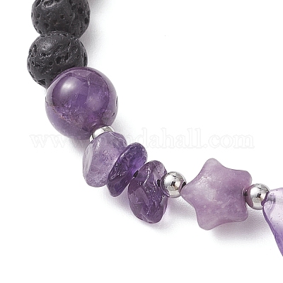 Женские плетеные браслеты из бусин из натурального аметиста и лавового камня BJEW-JB12924-01-1