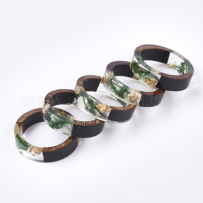 Bagues en résine époxy et bois d ébène, avec de l herbe séchée, feuille d  or, verte, 16mm