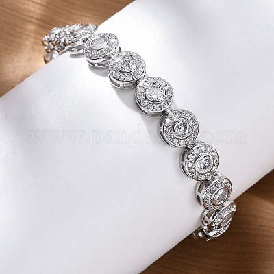 Браслеты-цепочки с плоскими круглыми звеньями из латуни и прозрачного кубического циркония для женщин BJEW-A034-01P-1