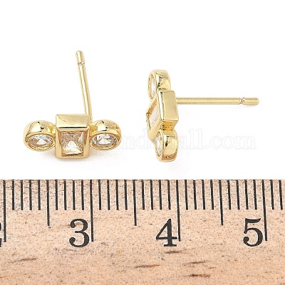 Серьги-гвоздики с квадратом и круглыми плоскими латунными кристаллами с микропаве из прозрачного кубического циркония EJEW-G452-12G-1