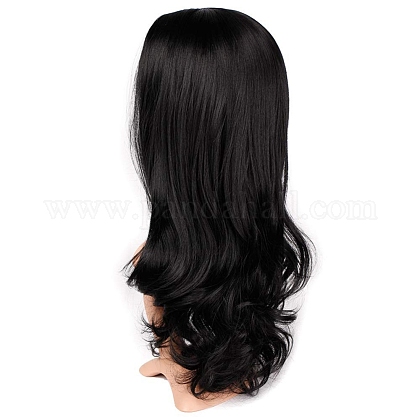 長いウェーブの巻き毛のかつら  中部合成かつら  耐熱高温繊維  女性のために  ブラック  23.62インチ（60cm） OHAR-I019-08-1