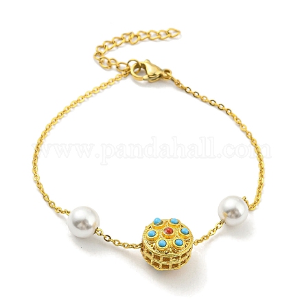 Bracelet en laiton avec maillons ronds plats turquoise synthétique et perles en plastique BJEW-D030-05G-1