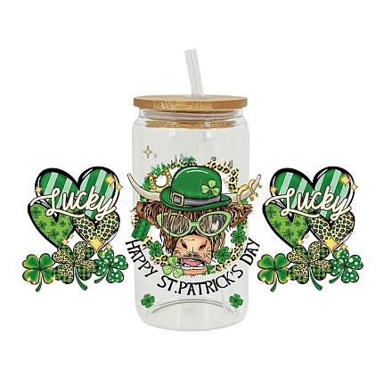 Saint Patrick's Day Theme PET Clear Film Green Shamrock Rub on Transfer Stickers for Glass Cups PW-WG24181-06-1