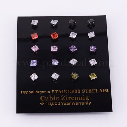 Square 304 Stainless Steel  Cubic Zirconia Stud Earrings EJEW-O070-05A-1