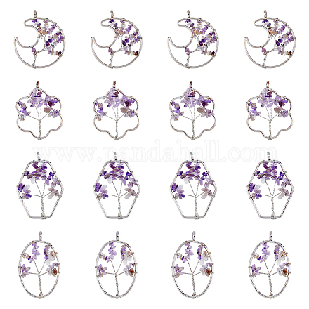 Dicosmetic 8pcs 4 Stile Blume & Mond & Oval & Hexagon natürlicher Amethyst Kupferdraht umwickelt Chip große Anhänger G-DC0001-26-1