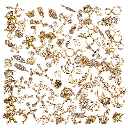 PandaHall About 90pcs Assorted Antique Golden Pendant Tibetan Alloy Keys Leaf Ocean Pendants for Bracelet Earring Necklace Jewelry Crafts Making TIBEP-PH0001-11-1