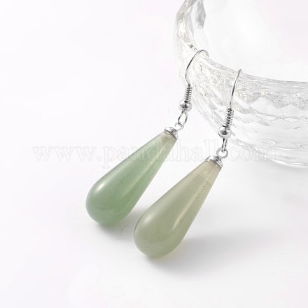 Teardrop Platinum Tone Brass Natural Green Aventurine Dangle Earrings EJEW-M058-06-1