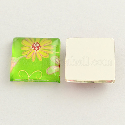 Flower/Floral Pattern Glass Square Cabochons for DIY Project X-GGLA-S022-20mm-13Q-1
