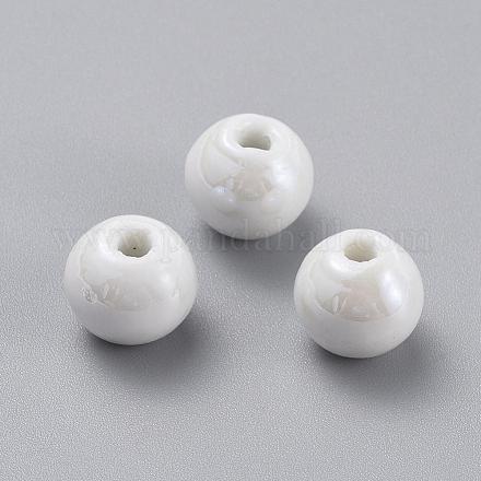 手作りの陶器ビーズ  パールカラーの  ラウンド  ホワイト  10mm  穴：2~3mm PORC-D001-10mm-04-1