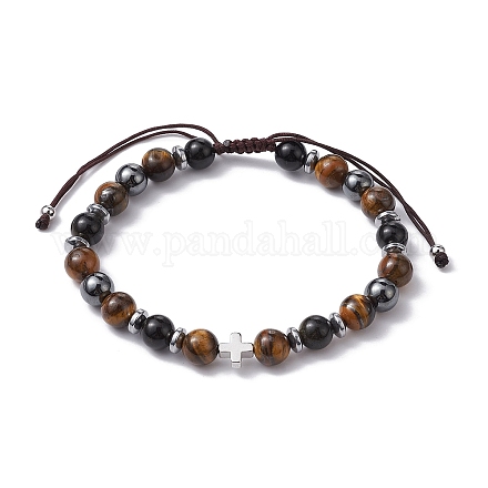 Natural Tiger Eye & Obsidian Round & Brass Cross Braided Bead Bracelets BJEW-JB09704-01-1