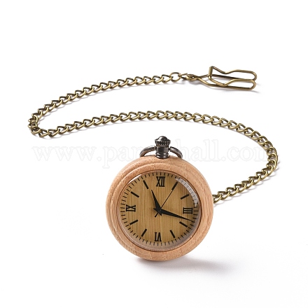 真鍮製のカーブチェーンとクリップが付いた竹製懐中時計  男性用フラットラウンド電子時計  ナバホホワイト  16-3/8~17-1/8インチ（41.7~43.5cm） WACH-D017-B02-AB-1