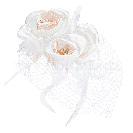 ブライダルメッシュベール花柄布ヘアコーム  女性のためのヘアアクセサリー  桃パフ  160x200x18mm MRMJ-WH0077-096-1