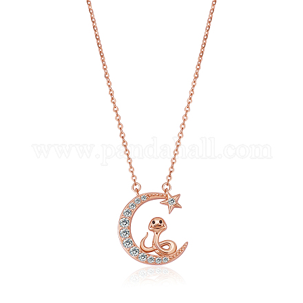 Chinese Zodiac Necklace Snake Necklace 925 Sterling Silver Rose Gold Serpent on the Moon Pendant Charm Necklace Zircon Moon and Star Necklace Cute Animal Jewelry Gifts for Women JN1090F-1