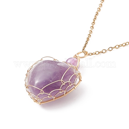 Copper Wire Wrapped Natural Amethyst Heart Pendant Necklaces NJEW-JN03971-02-1