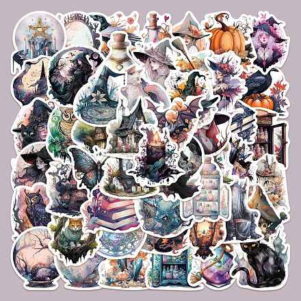 50 Uds. Pegatinas autoadhesivas de dibujos animados de pvc con tema de bruja de halloween STIC-PW0015-01-1