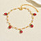 Bohemian Brass Enamel Red Fruit Tassel & Imitation Pearl Round Link Chain Anklets for Summer Vacation, Golden, Strawberry, 8-1/4 inch(210mm)