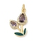 Brass Micro Pave Cubic Zirconia Pendants, Flower Charms, with Enamel and Jump Ring, Long-Lasting Plated, Cadmium Free & Lead Free, Real 18K Gold Plated, 16x12x2.5mm, Hole: 3mm