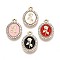 Alloy Enamel Pendants, with Rhinestone, Oval with Rose Charm, Light Gold, 19.9x14x2mm, Hole: 1.6~1.8mm