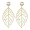 Hollow Leaf Brass Dangle Stud Earrings, with ABS Imitation Pearl, Golden, 65x31mm