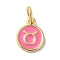 Real 18K Gold Plated Brass Enamel Charms, with Jump Ring, Long-Lasting Plated, Lead Free & Cadmium Free, Flat Round with Taurus Charms, Pearl Pink, 10x8x1mm, Hole: 4mm