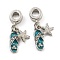 Rack Plating Alloy Enamel Slippers & Starfish European Dangle Charms, Large Hole Pendants, with Crystal Rhinestone, Platinum, Cadmium Free & Nickel Free & Lead Free, Turquoise, 29mm, Hole: 4.5mm, Slippers: 15.5x6x3mm, Starfish: 11x7.5x2mm