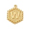 Brass Pendants, Hexagon Letter Charms, Letter W, 20x16x2.5mm, Hole: 1.5mm