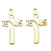 304ステンレス鋼ペンダント  イエスの魅力という言葉と十字架  ゴールドカラー  39.5x22.5x1.5mm  穴：2mm STAS-B054-03G
