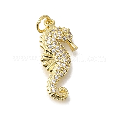 Ottone micro spianare pendenti zirconi,  cadmio& piombo libero, con shell, ciondoli cavalluccio marino, con anello di salto, vero placcato oro 16k, 22x10x2mm