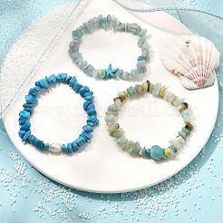 宝石ビーズストレッチブレスレット3セット  淡水パールと  ヒトデ＆カメ  内径：2-1/8インチ（5.5cm）  3個/セット&nbsp;BJEW-JB11176