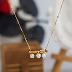 Collier pour femme avec pendentif barre horizontale en acier inoxydable 304 et trois perles de verre rondes. Chaîne câble.&nbsp;WG28E74-01