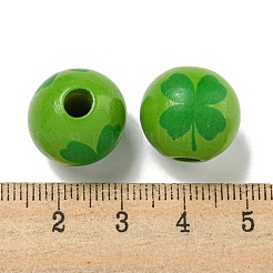プリントウッドヨーロピアンビーズ  聖パトリックの日のビーズ  クローバー模様付きラウンド  黄緑  15.5~16mm  穴：4~4.5mm&nbsp;WOOD-G022-01B