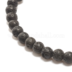 Bracciale elasticizzato in pietra lavica naturale con perline rotonde e charm foglia&nbsp;BJEW-JB07587-03