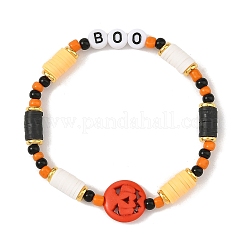 Pulseras elásticas con cuentas de heishi de arcilla polimérica y calabaza sintética teñida de color turquesa para Halloween&nbsp;BJEW-TA00770