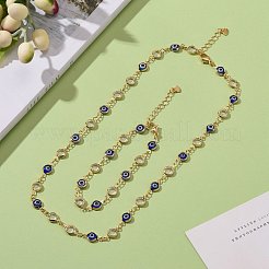 真鍮製リンクチェーンブレスレット＆ネックレスジュエリーセット  ガラス、キュービックジルコニア、304ステンレススチールのロブスタークロウ留め金付き  ナザールボンジュウ  ブルー  ゴールドカラー  7-1/8インチ（18cm）  17.32インチ（44cm）&nbsp;SJEW-JS01190