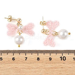 ガラスシードビーズとシェルパールビーズのドロップピアス  蝶結び  女性のための真鍮のスタッドピアス  ミックスカラー  27~28x22~23mm&nbsp;EJEW-MZ00766