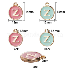 金メッキ合金エナメルチャーム  エポチャーム  アルファベット付きのフラットラウンド  a～zの文字  ターコイズ&フラミンゴ  ゴールドカラー  14x12x2mm  穴：1.5mm  26個/セット  2色  1セット/カラー  2セット /箱  52個/箱&nbsp;PALLOY-SC0002-27B