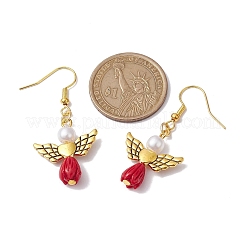 エンジェル アンティーク ゴールド合金 & 樹脂ダングル イヤリング  イミテーションパールアクリルドロップイヤリング  ファイヤーブリック  45x21.5mm&nbsp;EJEW-JE05686-07
