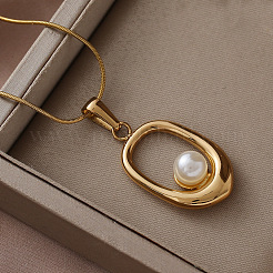 Ожерелья с подвесками в форме овала из хирургической нержавеющей стали 316 с искусственным жемчугом для женщин&nbsp;CK2829