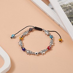 女性用のカラフルなランプワークナザールボンジュウ&ガラス&合金編組ビーズブレスレット  象  内径：2-1/8~3-1/4インチ（5.3~8.2cm）  象：8x12x5mm&nbsp;BJEW-JB09267-02