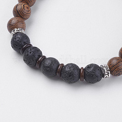 Pierre de lave naturelle et perles de bois de wengé et bracelets extensibles de noix de coco&nbsp;BJEW-I241-03I