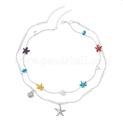 Двухслойные ожерелья из круглого жемчуга и окрашенной искусственной бирюзы с морскими звездами и латунных изогнутых трубчатых бусин&nbsp;NJEW-TA00220