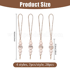 28 шт. 4 стиля рождественской тематики деревянные круглые бусины со словами подвесные украшения с джутовым шнуром&nbsp;HJEW-CA00079