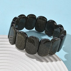 天然の金色の光沢のある黒曜石ビーズストレッチブレスレット（女性・男性用）  オーバル  1インチ（2.4cm）  内径：2-1/2インチ（6.45cm）&nbsp;BJEW-I323-02N