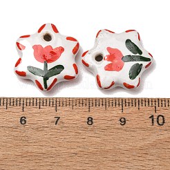 手作りの磁器のペンダント  手描き  花のチャームが付いた星  レッド  22~22.5x20x6mm  穴：2mm&nbsp;PR-CBAF2CB-06B