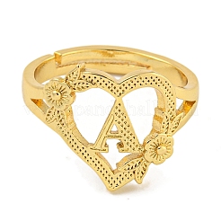 Anillos ajustables de latón chapado en forma de corazón con letras y flores para mujer&nbsp;RJEW-I105-05G-A