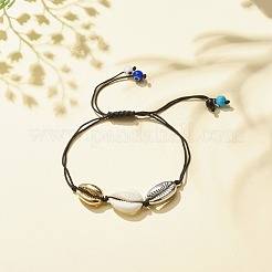 ランプワークのナザールボンジュウをあしらったアクリルと合金のシェル編組ビーズ ブレスレット  女性のための調節可能なブレスレット  ブラック  内径：1/2~3-1/2インチ（1.4~8.8cm）&nbsp;BJEW-JB08131-02