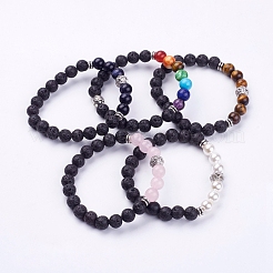 Braccialetti elasticizzati con perle di roccia lavica naturale&nbsp;BJEW-G567-03